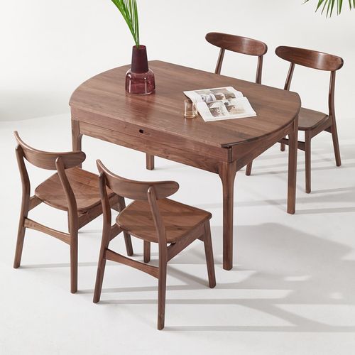 北美黑胡桃木餐桌家用实木小户型折叠圆桌现代简约圆形饭桌可变桌