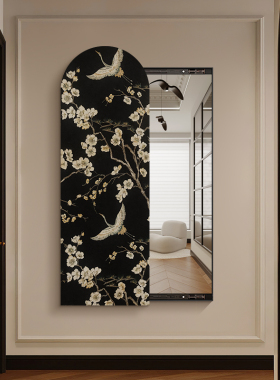 喜上眉梢中古f风暗藏式玄关全身镜装饰画隐形穿衣镜壁画推拉镜挂