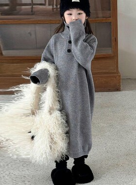 韩版女童2024秋冬新款灰色坑条高领长袖连衣裙女宝宝中长款毛衣裙