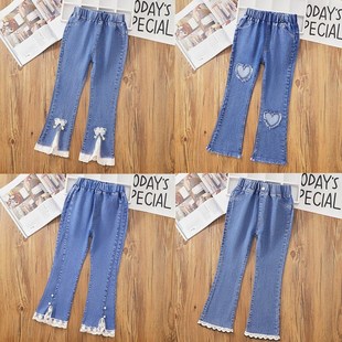 秋季 子外穿春秋裤 新款 女宝宝裤 子潮 花边开叉儿童喇叭裤 女童牛仔裤