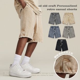 350G重磅街头潮牌宽松百搭五分裤 美式 男 复古水洗开叉短裤 春夏新品
