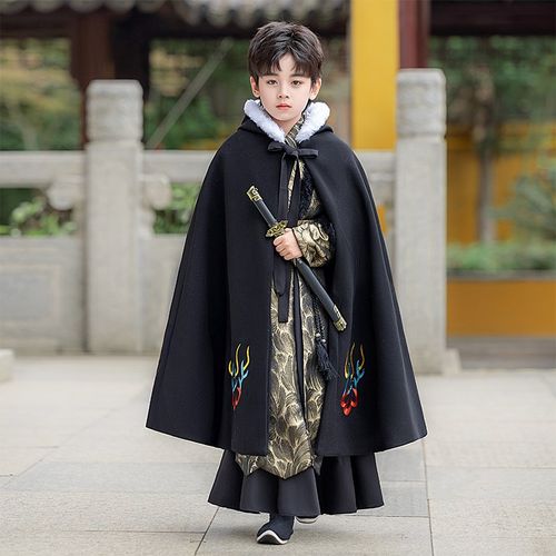 汉服披肩斗篷连帽男童中国风古风外套秋冬款加厚儿童披风拜年服冬