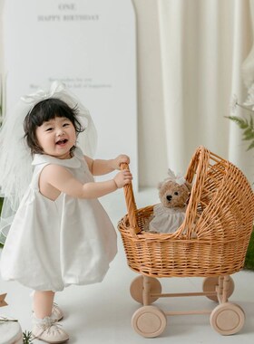 夏季女宝宝百天周岁小礼服小女孩白色公主连衣裙抓周拍照包屁衣