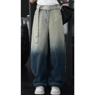 高街宽松腰带休闲裤 龙叨叨2025春季 美式 重磅复古渐变蓝牛仔裤 新品