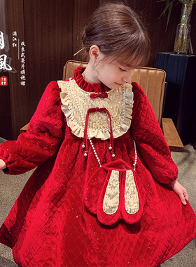 女童加绒连衣裙冬装2024新款洋气儿童红色国风拜年服小女孩公主裙