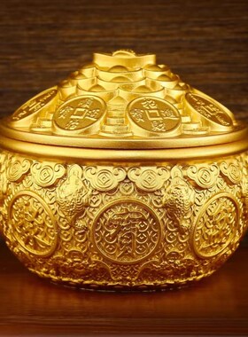 纯铜聚宝盆摆件带盖子客s厅新店铺装饰品招财乔迁开业送礼黄铜米