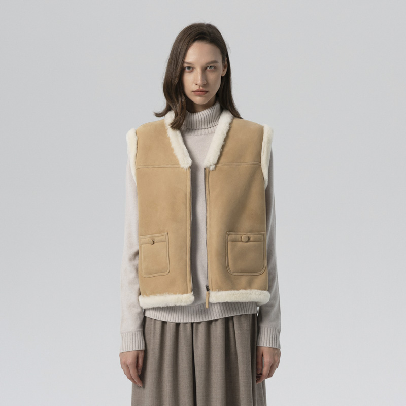 SIMONETTA RAVIZZA2025秋冬 V领拉链美利奴羊毛皮毛一体马甲