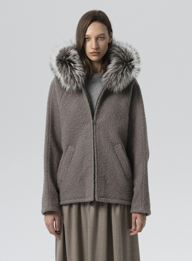 SIMONETTA RAVIZZA25秋冬 银狐毛帽边粗花呢飞行夹克