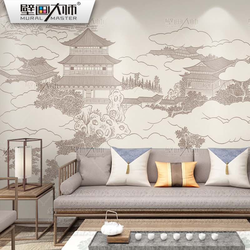 新楼阁壁纸山水壁布电视背景墙纸硬包壁画饭店客饭厅装饰墙布