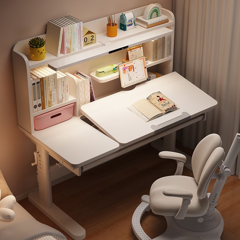 睢园升降儿童学习桌小学生家用大白写字课桌椅装护眼灯实木书桌