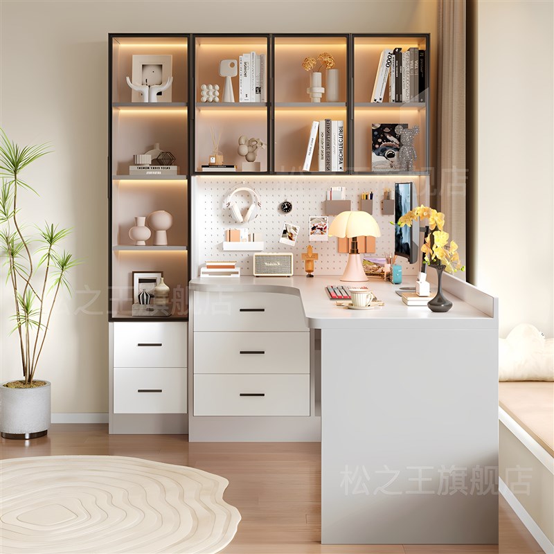 实木书桌书架书柜一体靠墙学生家用学习桌写字台卧室转角电脑桌