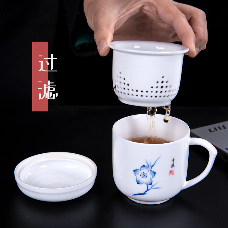 马杯带过茶杯白瓷手绘带盖带把手爱男女茶具办公杯永利