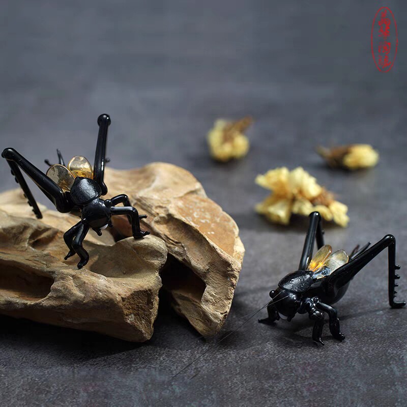 淄博琉璃蝈蝈仿真螳螂蛐蛐纯手工制绿色蚂蚱玻璃盆景创意送礼