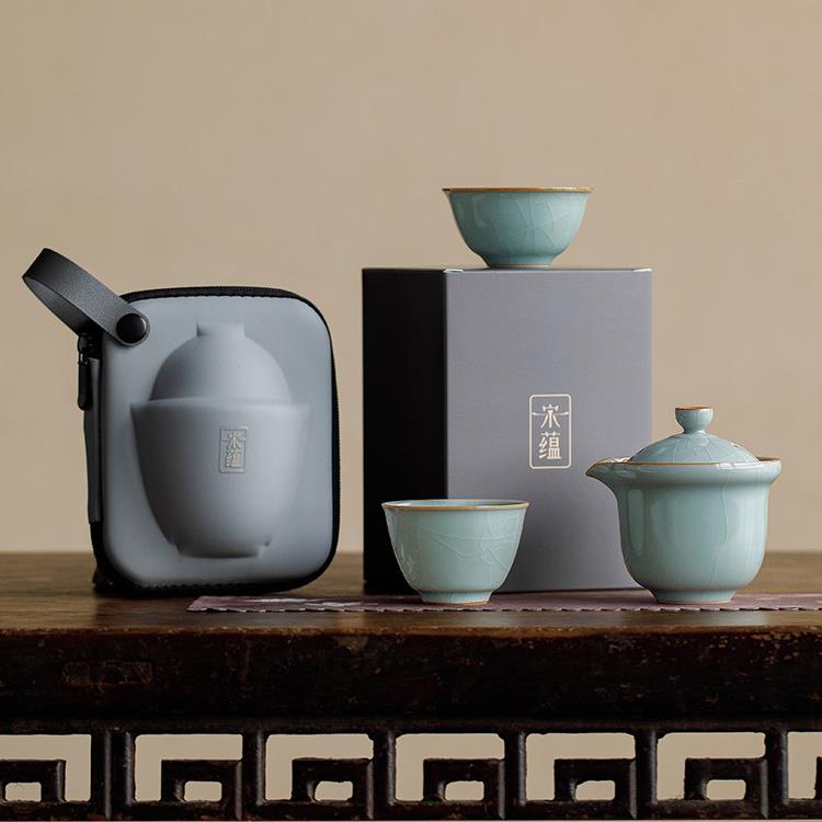 唐丰 李桂莲 天青汝窑便携式茶具旅行套装快客杯一人二杯高端茶杯图片