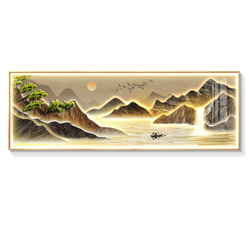 流水生财客厅装饰画轻奢高级感沙发背景墙挂画山水风景led壁灯画