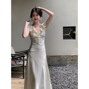 Haze禾枝《南风》清冷感竹叶印染法式荷叶边绿色连衣裙气质a字裙