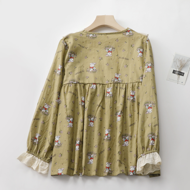 卡通绿兔子睡衣女生纯棉纱薄款蕾丝大花边长袖长裤套头家居服套装