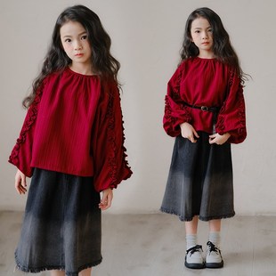 花边大童淑女气质上衣 灯笼袖 2024春秋女童新款 双层酒红宽松娃娃衫
