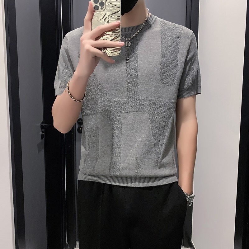 白色针织短袖男款秋季西装内搭白色高级感T恤圆领提花毛衣打底衫