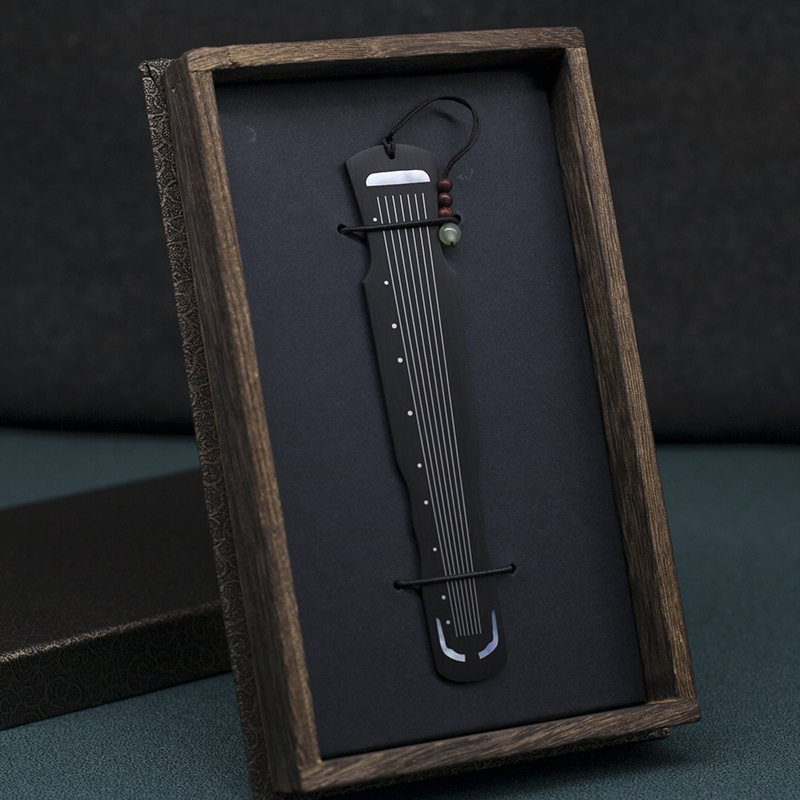 古典传统中国风古琴手工书签 黑檀镶嵌银丝贝壳 支持刻字文艺礼物
