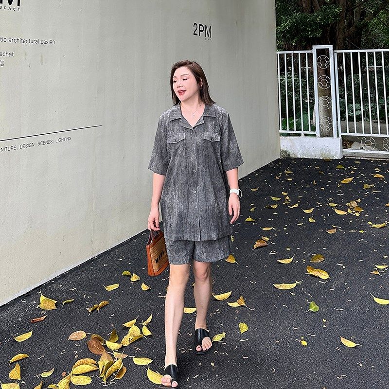 宽松休闲大码套装女夏季200斤胖mm显瘦短袖衬衣+五分短裤两件套,女装/女士精品,大码套装,淘宝优惠券,粉丝福利购,淘宝优惠卷