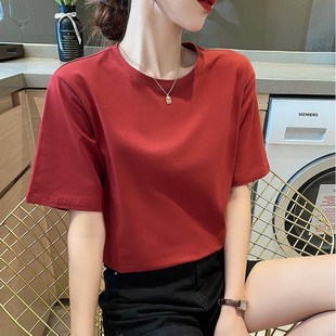 高级感砖红色宽松圆领港版落肩袖纯棉t恤女短袖夏季2024新款上衣