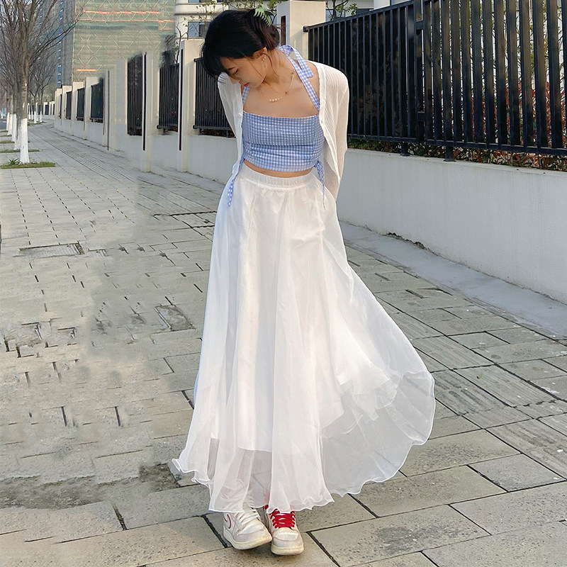 半身裙女夏温柔大摆长裙闪闪光泽纱裙双层雪纺仙女裙飘逸垂感高腰