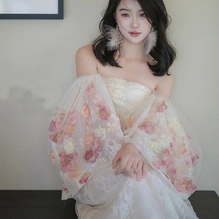 法式新娘立体花朵网纱蕾丝一字领度假海边连衣裙晨袍聚会婚礼服