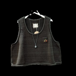 宽松A版 新款 简约立体卷边外穿毛背心女 马夹女2024秋季 粗棉线短款