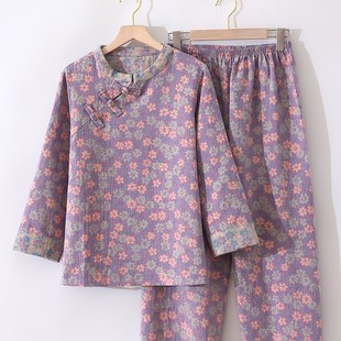 复古款 薄款 新中式 春夏季 宽松家居服套装 纯棉双层纱布盘扣睡衣女