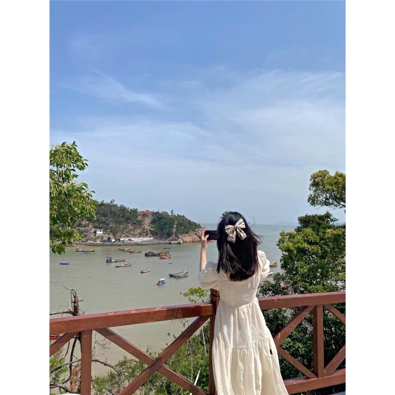 夏甜美复古温柔风粉色仙气长裙女蝴蝶结方领法式桔梗初恋裙连衣裙