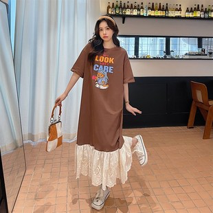 大码 新款 宽松胖mm假两件拼接过膝裙子潮 t恤连衣裙女2024夏季 长款