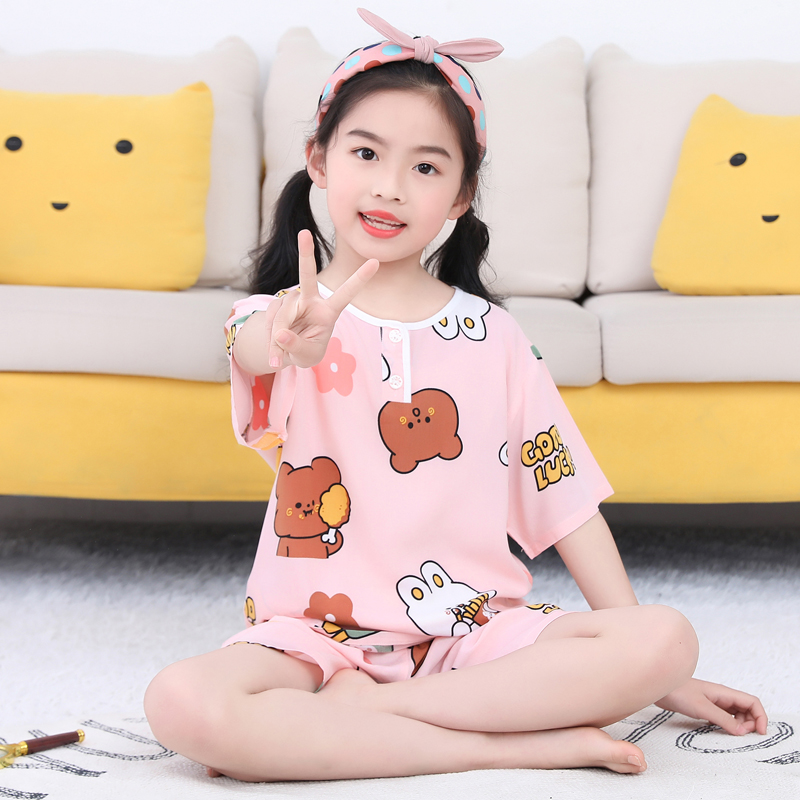 儿童睡衣夏季女童棉绸套装男童短袖绵绸空调家居服孩大童短裤薄款
