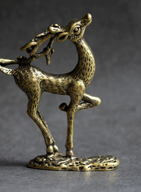 实心纯黄铜办公桌面小摆件梅花鹿古铜茶宠饰品工艺品礼品手把玩件