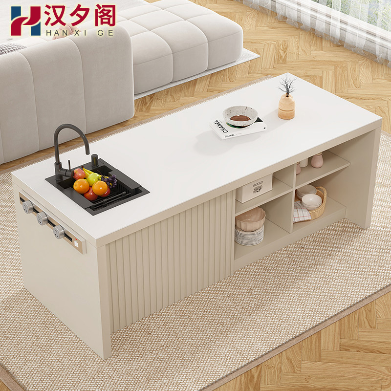 奶油风岩板岛台餐桌水槽一体家用开放式厨房中岛台吧台柜茶水桌