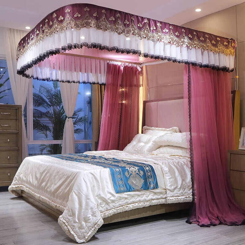 艾君乐U型导轨蚊帐三开门家用双人床不打墙加粗铝合金支架落地宫