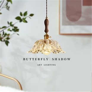 网红法式花朵玻璃吊灯日式复古胡桃木餐厅吧台黄铜灯民宿过道灯具