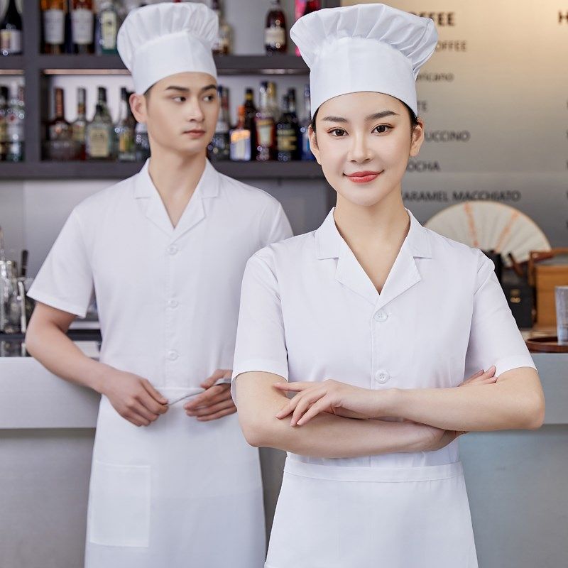 食堂厨师工作服短袖夏装幼儿园厨房白色厨师服纯棉透气夏季大码女