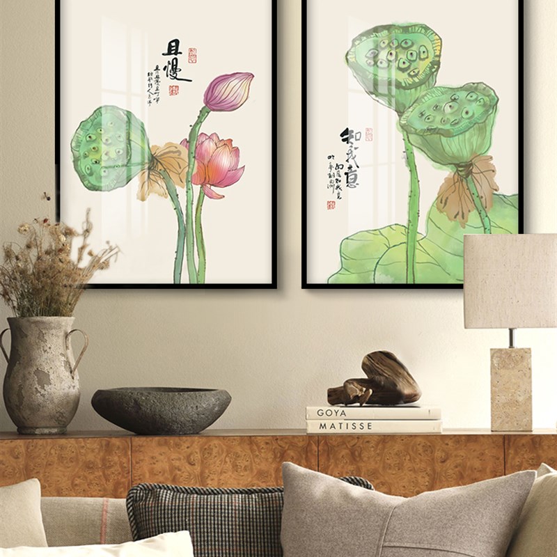 莲蓬荷装饰画现餐桌背景墙面装饰饭厅玄关九鱼图挂画
