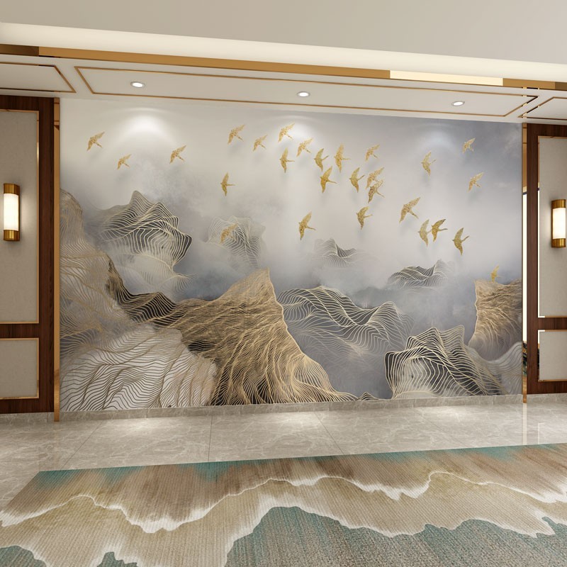 D明古典山水客厅电视背景墙纸意境抽象飞鸟沙发壁画办公室壁布