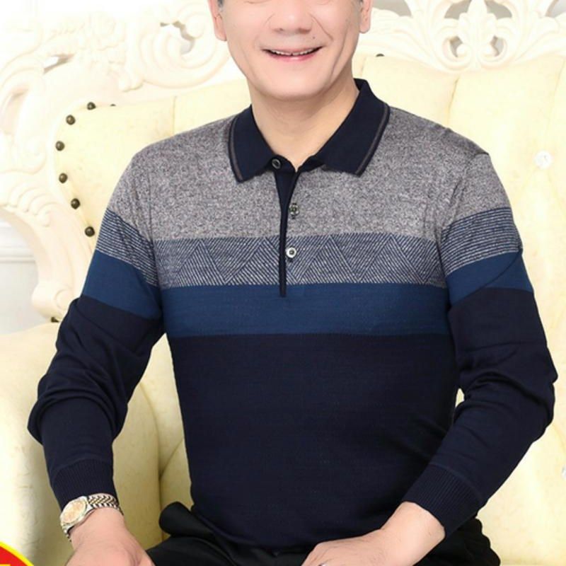 爸爸春装中年男士长袖T恤上衣中老年人打底老头衫爷爷男老人衣服