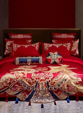 新婚庆四件套长绒棉高级绣花红色全纯棉贡缎喜被套婚房床品十件套