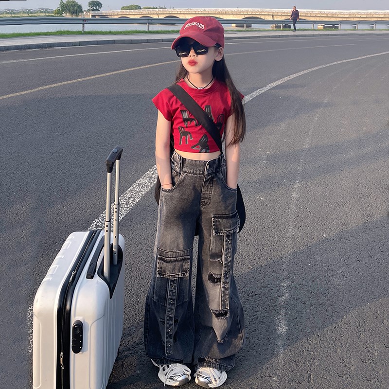 2024夏季女童夏季港风高腰宽松阔腿裤感破洞裤黑色破洞工装牛仔裤