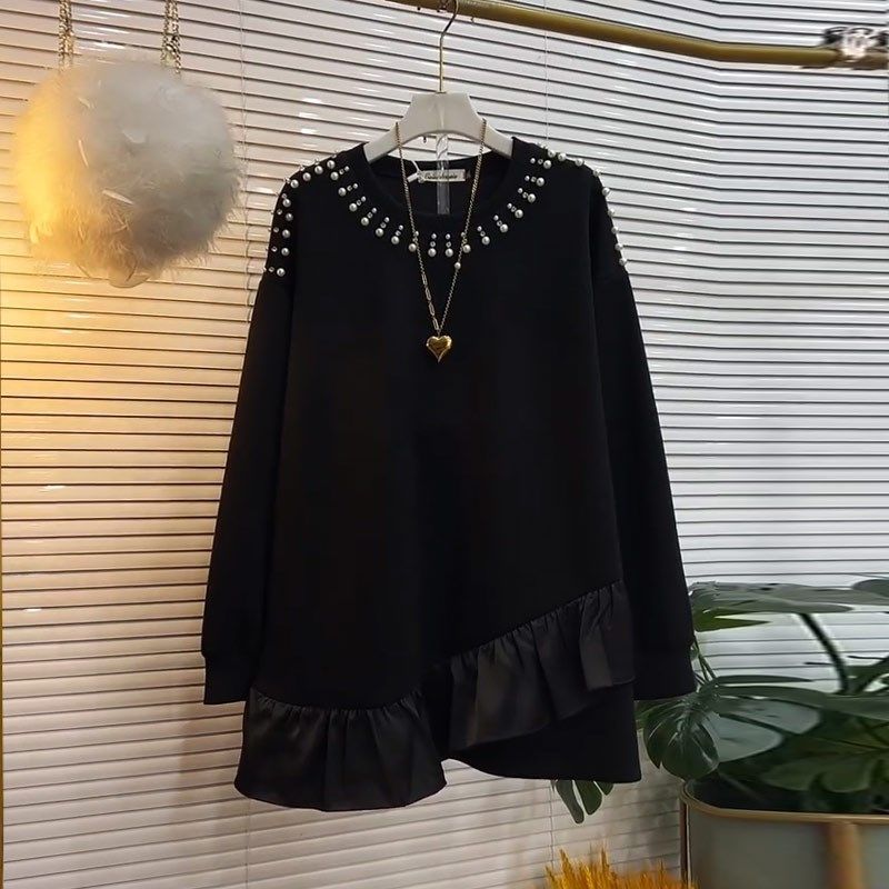 胖妹妹黑色显瘦宽松简约休闲打底衫加肥大码女装圆领钉珠长袖上衣,女装/女士精品,大码内搭,淘宝优惠券,粉丝福利购,淘宝优惠卷