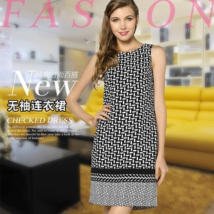 优雅黑白花印格子条纹无袖背心h型连衣裙大码女装夏季气质a字直筒