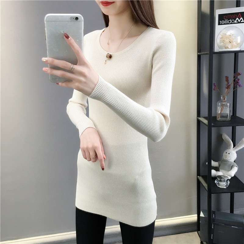 2021秋冬新款中长款圆领套头打底针织衫修身显瘦毛衣内搭毛衣裙