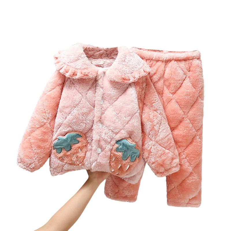 秋冬季儿童睡衣套装女童女孩法兰绒珊瑚绒夹棉三层加厚家居服加绒