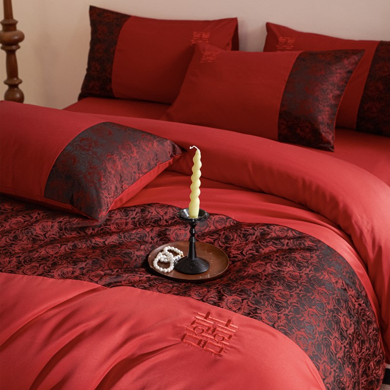 高级感婚庆床上四件套结婚红色纯棉被套床单全棉陪嫁喜被用品新婚