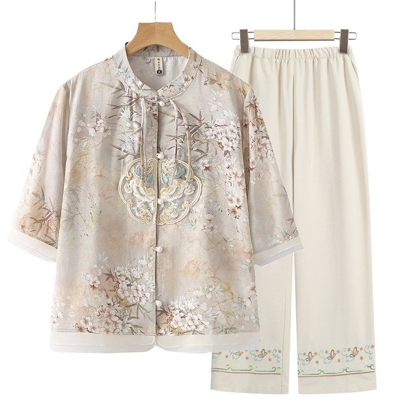 妈妈装夏装2024新款洋气衬衫套装中老年女夏季新中式国风中袖上衣,女装/女士精品,中老年女装,淘宝优惠券,粉丝福利购,淘宝优惠卷