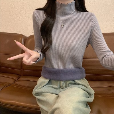 秋冬季洋气可外穿半高领长袖打底针织衫上衣加厚一体绒保暖毛衣女